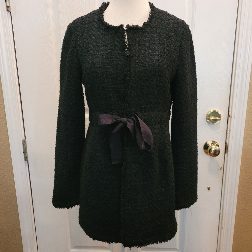 Black Boucle jacket Coat Size 4 Small Bow Waist Tie Formal Cocktail Party Modern